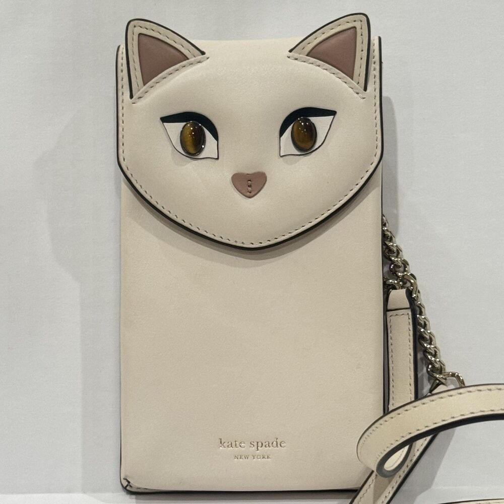Kate Spade Meow Cat Phone Crossbody Cream Leather Novelty Bag